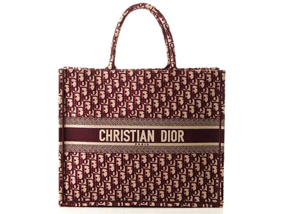 Christian Dior Book Tote Bag Oblique Embroidery Burgundy Red Canvas SJ